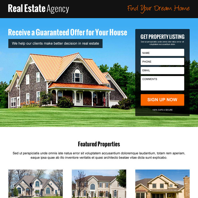 Real Estate landing page with opt in form